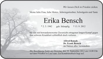 Traueranzeige von Erika Bensch von Pegnitz-Zeitung